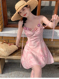 Purpdrank  Casual Light Pink Printed Sleeveless Dress Beach Fashion Y2K Vintage Chic Summer French Retro Elegant Chiffon Midi Dress Women