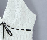 Purpdrank  White Embroidery Hollow Out Hole Lace Halter V Collar Backless Mini Dress Women Ribbon Bow Waist A-lined Short Dresses Robe