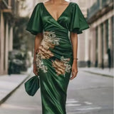 Purpdrank  Digital Printed Pleated Flower Dress Spring Summer Women's New V-neck Short-sleeved Long Dress