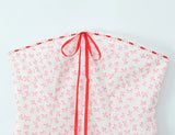 Purpdrank  Sexy White Pink Flower Print Bow Ribbon Strapless Dress Women Slim Waist Backless Mini Dresses A-lined Short Robe