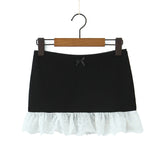 Purpdrank  Y2K Spliced Embroidery Lace Ruffles Hem Package Hips Mini Skirt Sexy Low Waist Short Skater Skirts With Shorts Lining Black