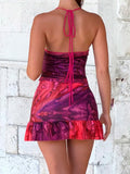 Purpdrank  Rhinestone Sequins Sexy Backless Crochet Tube Top and Mini Ruffles Skirts Matching Sets 2025 Summer Two Piece Women Outfit Print
