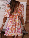 Purpdrank  Elegant V-neck Short Sleeve Vacation Rompers Lady High Waist Loose Playsuits Bohemian Style Pattern Printed Lace Up Jumpsuits