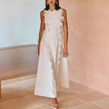 Purpdrank  Casual Spring Loose O Neck Lace Appliques Bandage Sleeveless Hollow Out Beach Vacation Long Dress Summer Party Dress for Women