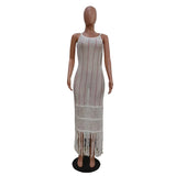 Purpdrank  Sexy Crochet Hollow Out Summer Beach Dress Women Sleeveless See Through High Waist Tassel Hem Vacation Maxi Long Dress Sundress