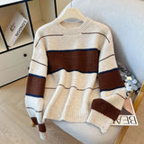 Purpdrank  High Quality Striped Knitted Sweater Women Fall Winter Korean Loose O Round-neck Jumpers Retro Long Sleeves Streetwear Tops New