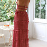 Purpdrank  Holiday Fashion Women Hollow-out Backless Long Skirt Suit Slim Outfit 2025 Spring Summer Chiffon Solid Halter Top Two Piece Set