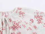Purpdrank  Spring Summer White Pink Floral Print Flare Cuff Long Sleeve Pullover Shirt Women Bow O Collar Loose Short Blouses Femme Tops