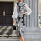 Purpdrank  Europe  Women's Bubble Sleeve Plaid Print Bag Buttock Short Female Mesh Sleeve Dress