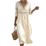 Purpdrank  Women's Casual Cotton Linen Dress Elegant Lace Trim Openwork V Neck Solid Color Loose Fit Summer Dress Boho Flowy Office Dresses