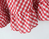 Purpdrank  Romantic Red Plaid Wood ears Ruffles Spliced Slash Shoulder Short Sleeve Dress Women Ruffles Hem Loose Mini Dresses Vestidos