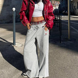 Purpdrank  Gray Vintage Striped Embroidery Women Sweatpants Double Waist American Style Straight Sports Pants Baggy Casual Hip Hop