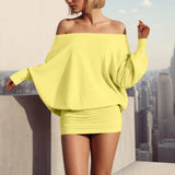 Purpdrank  Fashion Off Shoulder Sheer Mini Dress For Women Hot Sexy Long Sleeve Pleated Party Dresses Bodycon Solid Color Short Dress