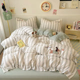 Purpdrank  Embroidery Stripe Bedding Set Cute Cartoon Washed Cotton Soft Four Piece Sets Pillowcase Duvet Cover Set 200x230cm Home Textiles