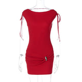 Purpdrank  Red Metal Buckle Ruched Bodycon Mini Dresses For Women Sexy Short Sleeve Drawstring Backless Party Clubwear Dress