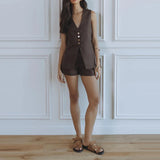 Purpdrank  High Street Loose Casual Two Piece Set V-neck Button Vest Top + Shorts Commuter Suit Lady Temperament Sleeveless Elegant Outfit