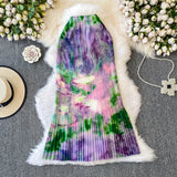 Purpdrank  Korean Spring/Summer High Waist Print Pleated Slim Long Skirts