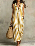 Purpdrank  Boho Striped Print Loose Maxi Dress Women Summer Fashion Sleeveless V-neck Long Dresses Elegant
