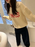 Purpdrank  Korean Letter Jacquard O Neck Long Sleeve All Match Fashion Sweater Women Jumpers