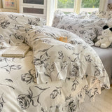 Purpdrank  Flower Skin-friendly Washed Cotton Bedding Set Duvet Cover Set Korean Lace Ruffles Quilt Cover Soft Cover Bed Linen Pillowcases