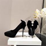 Purpdrank  New Banquet Bow Pointy Temperament Beautiful High Heels Black with Skirt Fashion Light Mouth Single Shoes