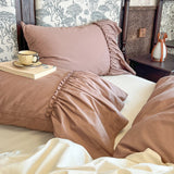 Purpdrank  100% Cotton Vintage French Pleated Lace Ruffles Bow Princess Bedding Set Duvet Cover Set Bed Skirt Bedspread Pillowcases