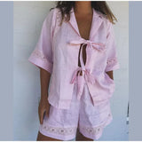Purpdrank  Summer Holiday 2 Piece Set Women Loose Patchwork Shorts Solid Hollow Out Bandage Shirt Sets Fashion Lady Elastic Waist Suit