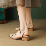 Purpdrank  New Women Sandals Pointed Toe Thick Heels Genuine Leather Pumps Office Spring Summer Fashion Concise Slingbacks Shoes Woman