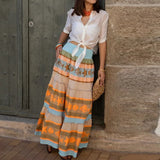 Purpdrank   Spring Summer Vacation Loose Long Skirt Elastic High Waist Hem Bohemian Women's Skirt Vintage Pattern Printed Pleated Half Skirt