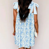 Purpdrank   New Women's Floral Print Tie Strap Mini Dress Striped Bodice Backless Babydoll Dress Casual Summer Vacation Dress