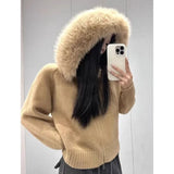 Purpdrank  Korean Chic Autumn Winter Versatile Casual Big Fur Collar Zipper Sweater Jacket Hooded
