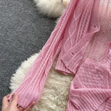 Purpdrank - Women Sweet Korean Pink Sweet 3 Pieces Set For Women Knitted Sling Vest +sunscreen+floral Print Wide Leg Denim Long Pants Suits