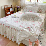 Purpdrank  100% Cotton Korean princess style Floral Lace Ruffles Bedding Set Duvet Cover Set Quilted Bed Skirt Fitted Sheet Pillowcases