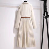 Vintage Pleated Belt Patchwork One Piece Blazer Dress Women Elegant Office Ladies Long Sleeve Notched Female Spring Midi Dresses