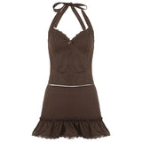 Purpdrank  Elegant Solid 2 Piece Outfit Women's Sexy Lace Trim V Front Sleeveless Halter Crop Top and Ruffles Mini Skirt Matching Set