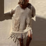 Purpdrank  Autumn Women Solid Color Irregular Pullover Dress Fashion V Neck Long Sleeve Tassel Knitted Sweater Casual Loose Ladies Sweater