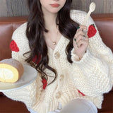 Purpdrank  Women's Retro Sweet Strawberry Knitted Cardigan V-Neck Loose Lazy Style Spring Autumn Winter Sweater Jacket