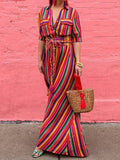Purpdrank  Summer Long Dress 2025 Women Split-joint Buttons Bohemia Vintage Loose Beach Vacation Striped Maxi Dresses for Woman