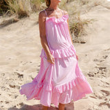Purpdrank  Beach Dresses y2k Women Solid Color Spaghetti Strap Sleeveless Swing Tiered Ruffled Long Dress Vacation Party Dresses