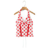 Purpdrank  Sexy Red Plaid Halter Collar Front Hook Buttons Slim Tank Top Women Bow Cross Bandage Lacing Up Back Zipper Camisole Summer Vest