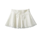 Purpdrank  Holiday Front Cross Lacing up Bandage Bow Zipper Waist Mini Skirt Women White Spliced Lace Hem Ruched Swing A-lined Skirts Black