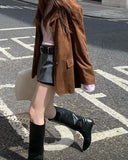 Purpdrank  Chic Vintage PU Leather Velvet Surface Long Sve Jaet ort Outerwear Women's Loose Suit Collar Autumn New Sle Commute