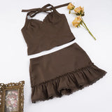 Purpdrank  Elegant Solid 2 Piece Outfit Women's Sexy Lace Trim V Front Sleeveless Halter Crop Top and Ruffles Mini Skirt Matching Set