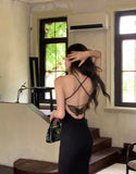 Purpdrank  Elegant Black Midi Dress Women Fashion Party Prom Sexy Lace Backless Dresses Summer Gyaru Korean Straps Bodycon Vestidos
