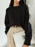 Purpdrank  Women Fall Winter Twist Knit Top Pullover Sweater Loose Round Neck Solid Color Versatile Fashionable Comfortable Petite