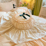 Purpdrank  100% Cotton Korean Princess Style Three-layer Ruffles Bow Bedding Set Duvet Cover Bed Skirt Bedspread Pillowcases Wedding Gifts
