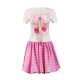 Purpdrank  Sweet Pink Checkered Plaid Bubble Skirt Sets Women 2025 Summer Fashion Two Piece Bowknot Printed Tees and Mini Tutu Skirt Suits