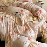 Purpdrank  Vintage French Rose Flowers Prints Ruffles Bedding Set 100% Cotton Brushed Fabric Duvet Cover Set Bed Sheet Pillowcases 4Pcs