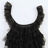 Purpdrank  Creamy Lace Ruffled Layered Strappy Top Women Blouses Vintage Sleeveless O Neck Cropped Camisole Boho Beach Sheer Tanks Tops