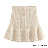 Purpdrank  Knit Jacquard Mesh Women Skirts Sets New Elegant Hollow Out O Neck Sleeveless Vest Casual Drawstring A-Line Mini Skirt